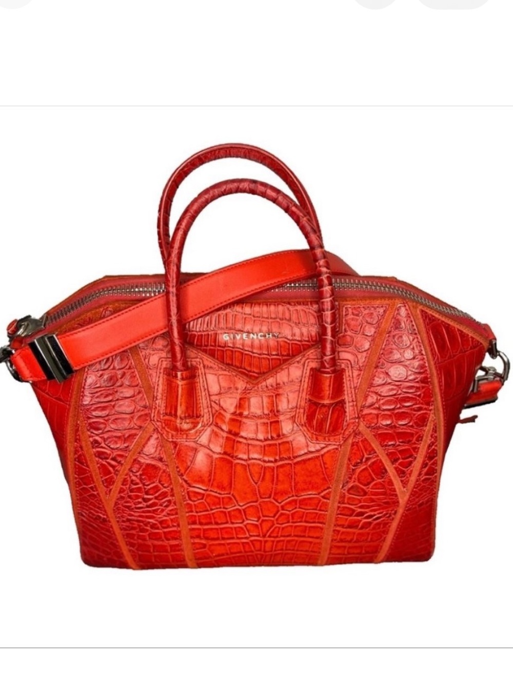 Givenchy Antigona Red Crocodile Embossed Leather Bag Medium